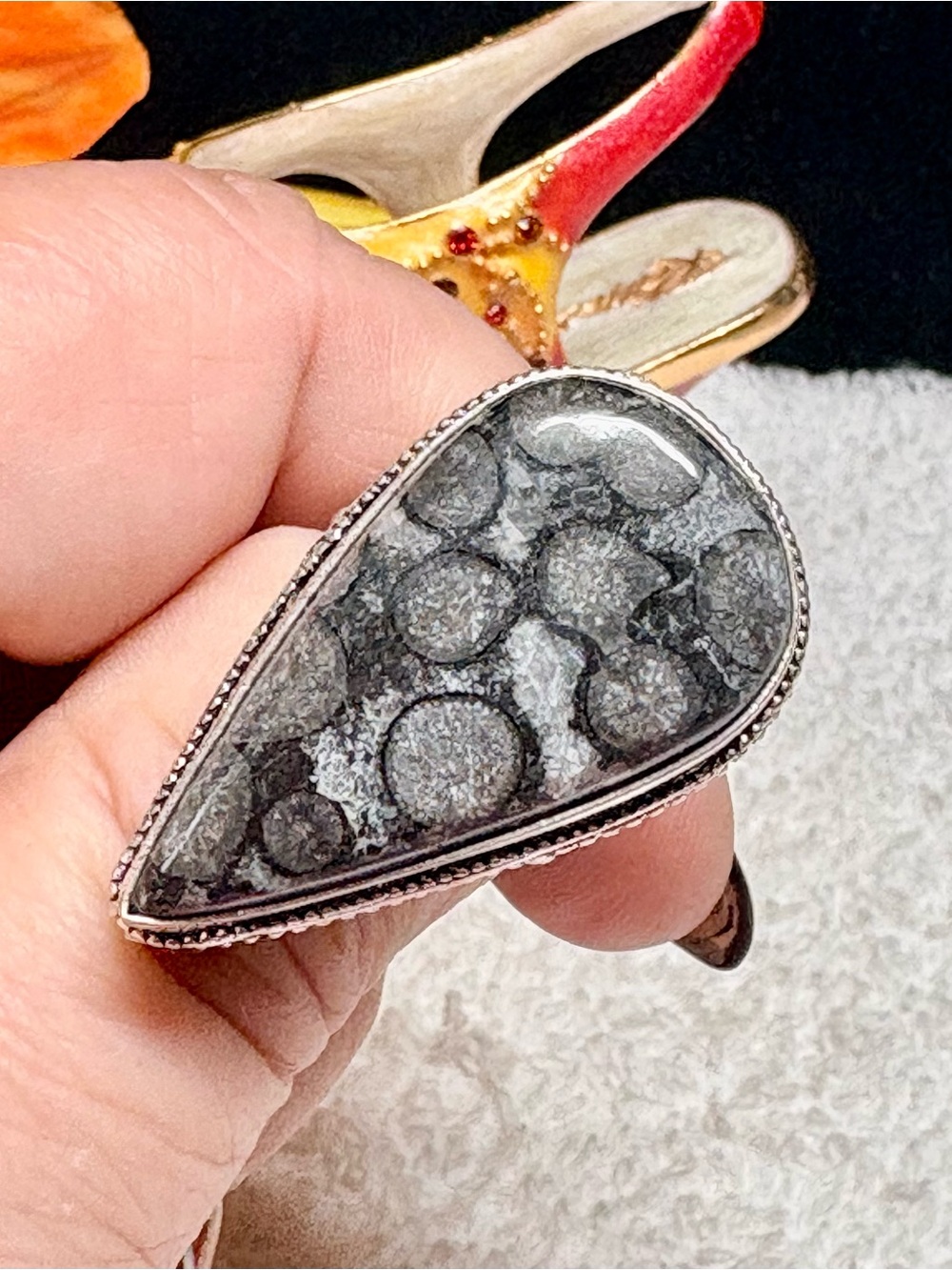 Teardrop Black & Gray coral FOSSIL Stone Sterling Ring